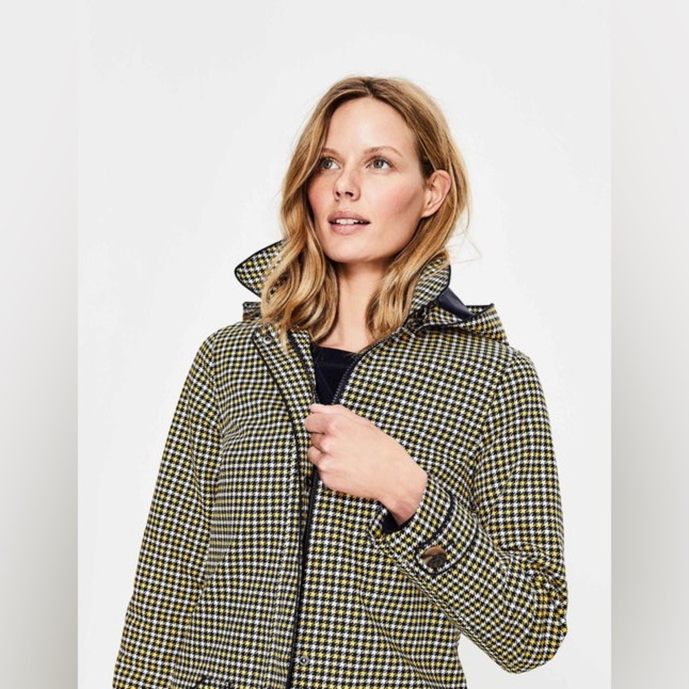 Boden Sz US 10 Anya Waterproof Mac Hooded Houndstooth Jacket - Yellow/Navy Blue